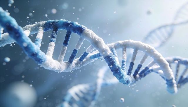 Icy blue dna helix with crystalline texture and floating droplets, molecular background