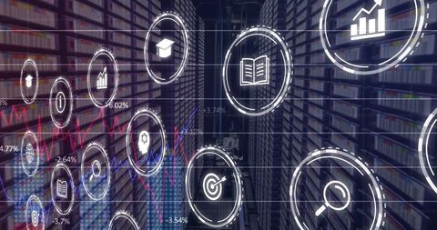Digital Interface Over Server Room with Business Icons - Download Free Stock Images Pikwizard.com