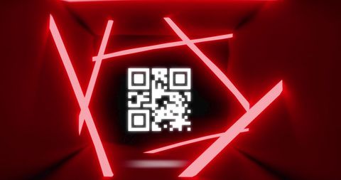 Qr code with red neon stripes on black background
