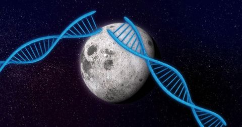 Lunar genetics concept with neon blue dna helix orbiting moon in cosmic starfield