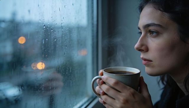 Pensive woman holding steaming mug by rainy window with soft bokeh city lights