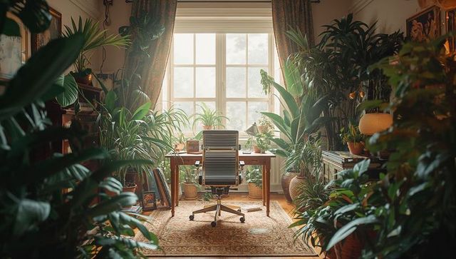 Ergonomic workspace with lush indoor plants in home office