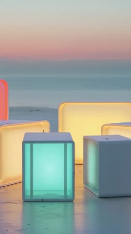 Shining translucent cubes cycling LED hues on beach at dusk vertical ambient loop