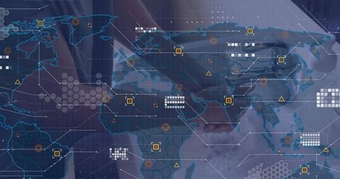 Executive Reaching Holographic Global Network Dashboard Displaying Real-Time Data Analytics