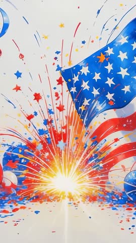 Vertical patriotic spark bursting, sending confetti and waving American flag celebration video
