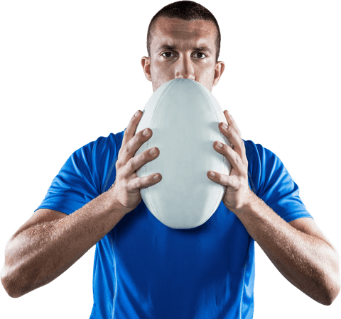 Transparent background rugged male rugby player holding ball
