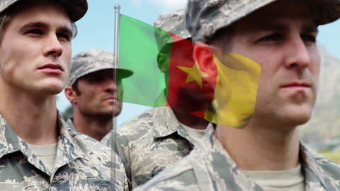 Cameroon Flag Overlay on Dedicated Soldiers Outdoors