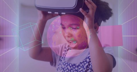 Excited Girl Exploring Virtual World with VR Headset