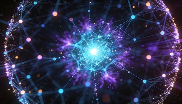 Pulsing neon spherical network with glowing cyan core and interconnected digital nodes