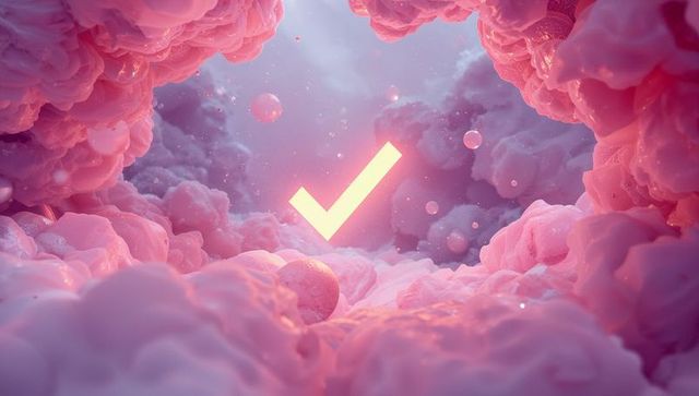 Ethereal Check Mark Icon in Dreamlike Pink Cloud Chamber