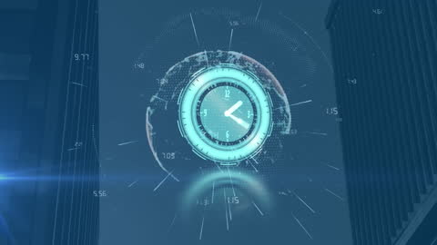 Futuristic Clock Animation Over Globe and Cityscape
