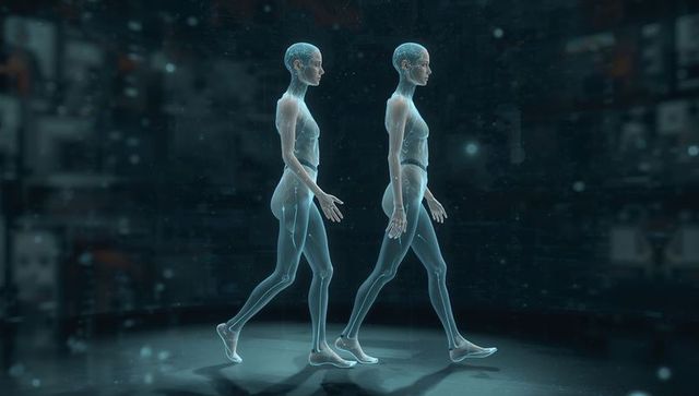 Translucent humanoid androids walking on illuminated platform with visible neural circuitry