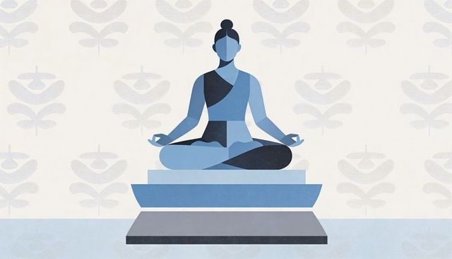 Meditating blue woman on tiered pedestal with lotus motif, geometric duotone papercraft