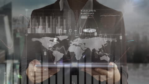 Modern Businesswoman Analyzing Global Data on Tablet