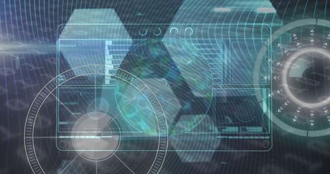 Futuristic data processing digital interface with rotating globe