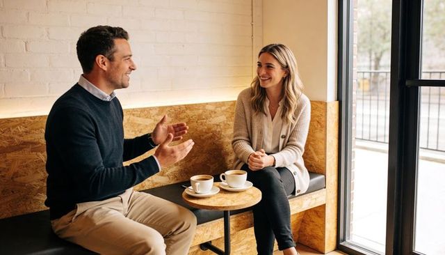 Business casual duo sharing friendly conversation over coffee in cozy rustic cafe