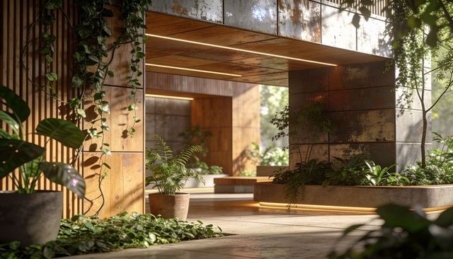 Sunlit minimalist courtyard with wood slats, rusted panels and lush indoor garden