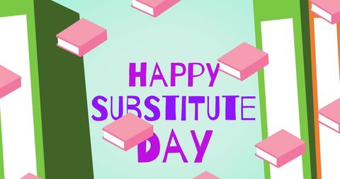 Happy substitute day poster with floating pink books