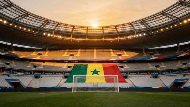 Senegal flag draping stadium seats behind goal at sunset while floodlights illuminate pitch
