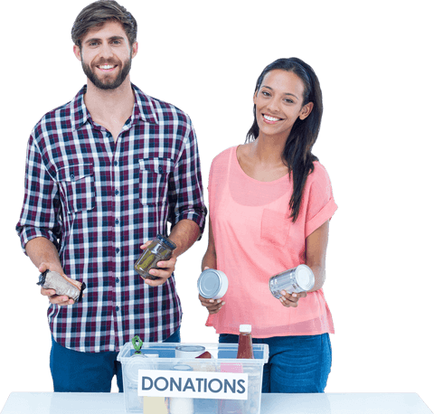Couple smiling while donating food on transparent background