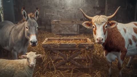 Donkey, Sheep, and Cow in Barn Capturing Country Charm