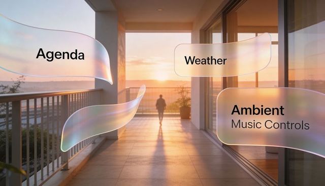 Sunset smart home interface with floating agenda, weather and ambient music controls