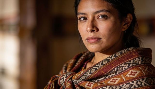Gazing hispanic woman wearing woven textile shawl closeup portrait warm natural sidelight