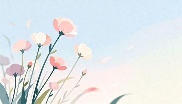 Pastel wildflower bouquet leaning left against soft sky background with ample copy space