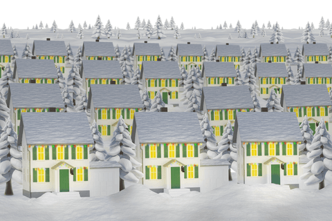 Winter neighborhood illustration with snow on transparent background
