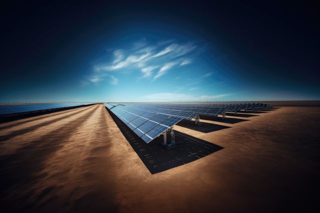 Solar panels capturing sunlight in large desert solar farm. Ideal for illustrating renewable energy, environmental sustainability, and technology advancements. Perfect for articles on green energy, climate change solutions, and eco-friendly systems.
