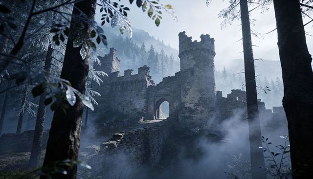 Foggy ruined medieval castle with arched gateway in pine forest misty ancient fortress