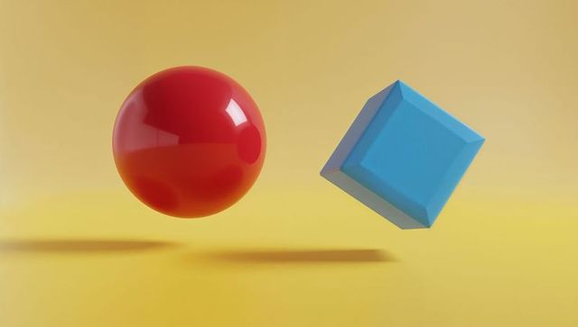 Abstract floating sphere and cube on yellow background