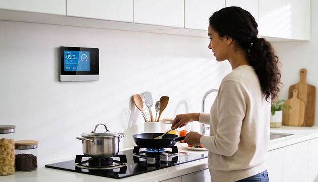 Woman cooking on modern gas cooktop with smart wall display in bright minimalist kitchen