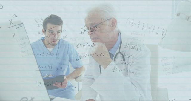 Senior Doctor Analyzing Medical Data with Trainee and Mathematical Equations