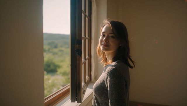 Young woman standing at open window looking toward camera in sunlit countryside room