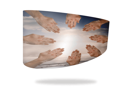 Hands uniting on transparent abstract background