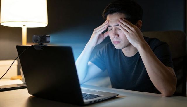 Young man rubbing temples from fatigue during late-night remote work at laptop with webcam
