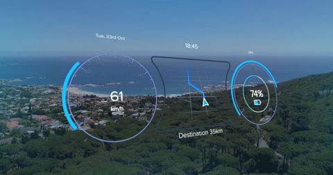 Car Interface with City View and Futuristic Digital Display