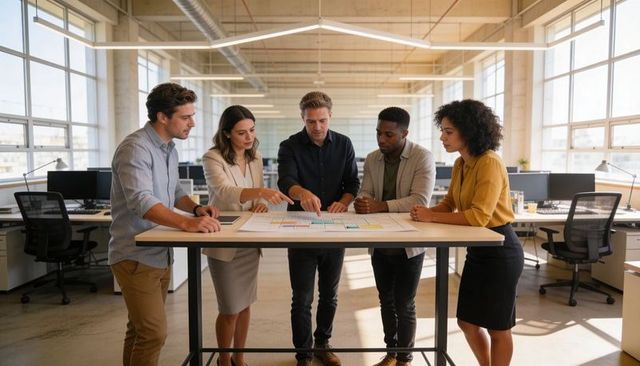 Diverse Business Team Collaborating at Standing Desk Reviewing Strategy Plan