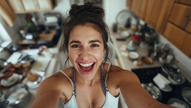 Joyful home cook taking selfie in rustic kitchen