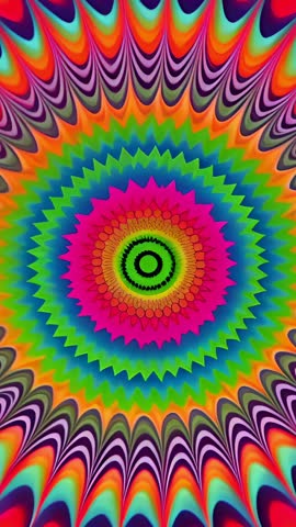 Vertical psychedelic kaleidoscopic mandala animation pulsing rainbow hypnotic loop