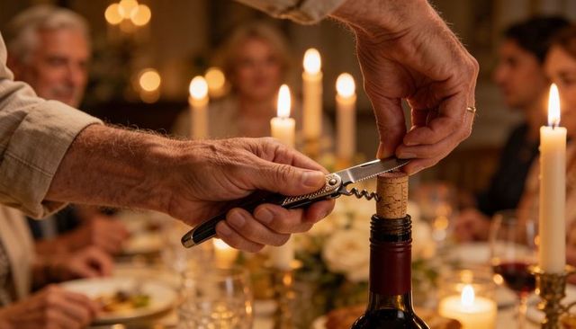 Close-up uncorking wine bottle by adult hands at candlelit intimate dinner gathering