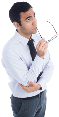 Caucasian Businessman in Thought Holding Glasses, Transparent Background