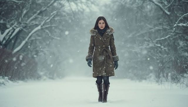 Solitary Woman Walking in Snow-Filled Winter Wonderland