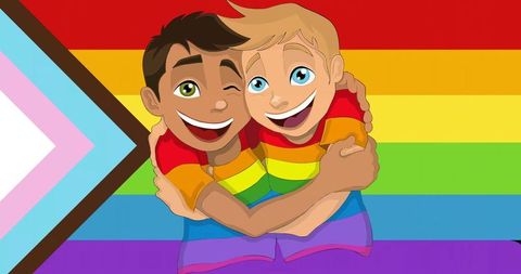 Hugging male teens wearing rainbow shirts on progress pride chevron celebrating unity