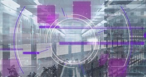 Futuristic Digital Interface Over Modern Architectural Atrium