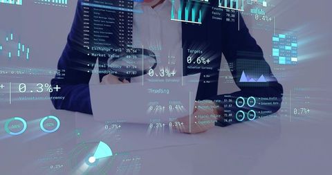 Business analyst using tablet with augmented finance dashboards and data visualizations
