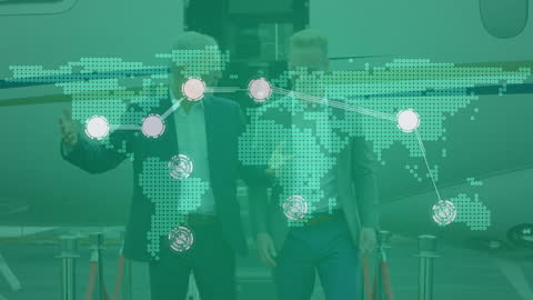 World Map Network Overlay with Businessmen at Airport