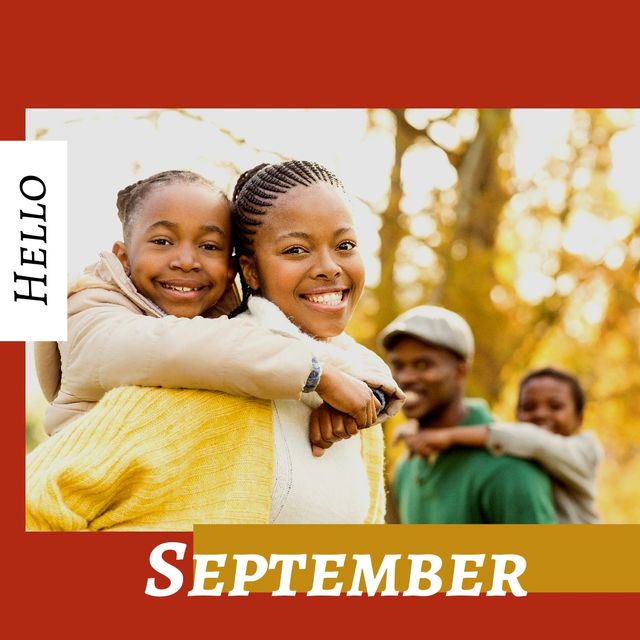 Portrait of smiling african american parents piggybacking children in park and hello september text. Composite, copy space, family, love, togetherness, childhood, autumn season and nature concept.