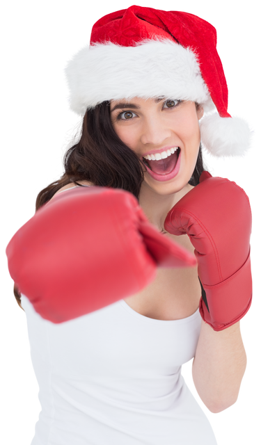 Woman Wearing Santa Hat and Boxing Gloves On Transparent Background - Download Free Stock Videos Pikwizard.com